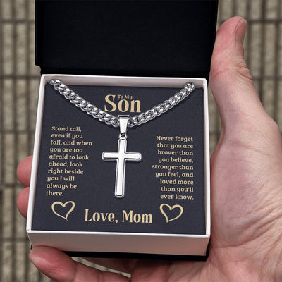 Load image into Gallery viewer, Personalized To My Son Cross Necklace from Mom, Stand Tall, If You Fall, I&amp;#39;ll Always be There
