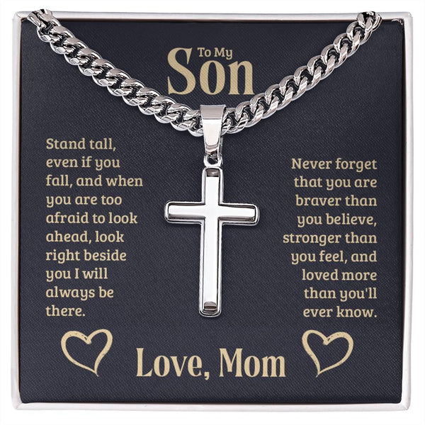 Personalized To My Son Cross Necklace from Mom, Stand Tall, If You Fall, I'll Always be There