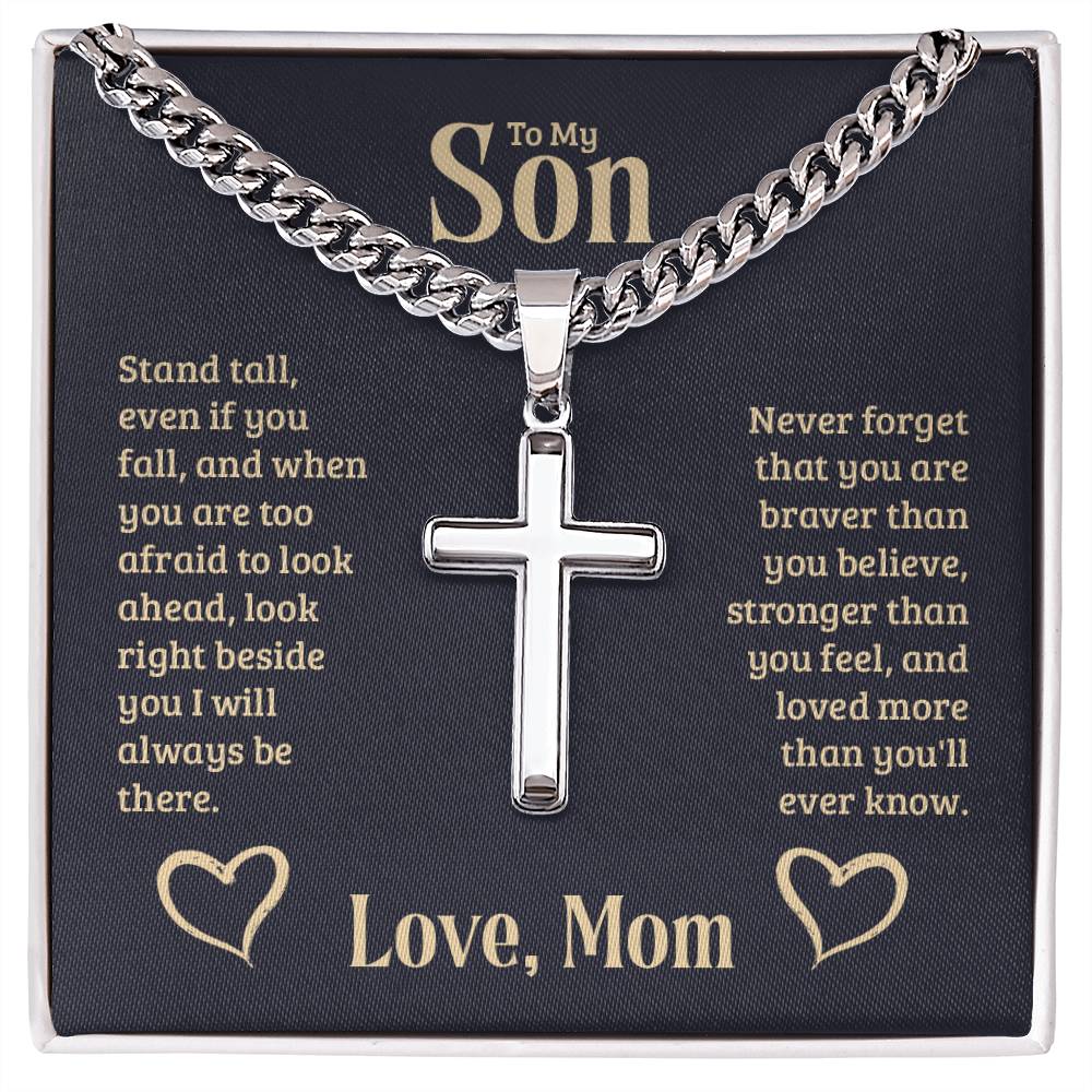 To My Son Stainless Steel Cross Pendant Necklace - Silver/Gold With 22" Chain