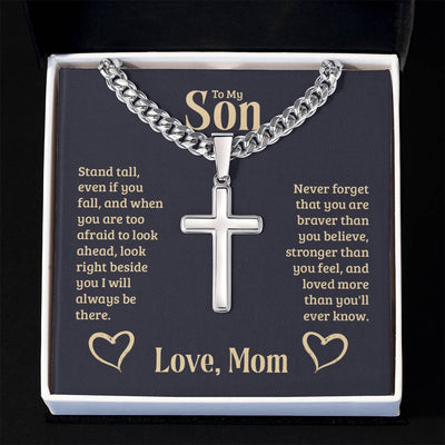 Load image into Gallery viewer, Personalized To My Son Cross Necklace from Mom, Stand Tall, If You Fall, I&amp;#39;ll Always be There
