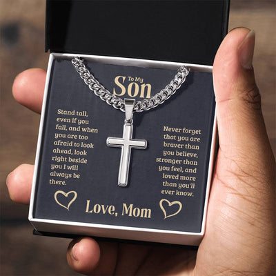 Load image into Gallery viewer, Personalized To My Son Cross Necklace from Mom, Stand Tall, If You Fall, I&amp;#39;ll Always be There
