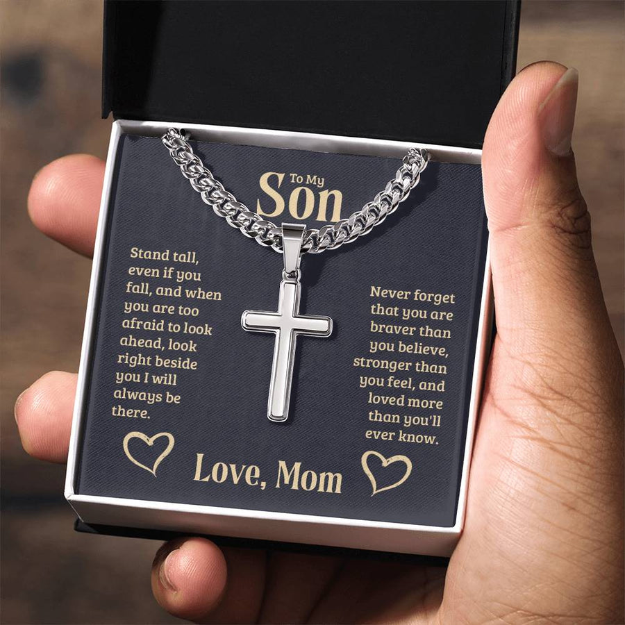 Personalized To My Son Cross Necklace from Mom, Stand Tall, If You Fall, I'll Always be There