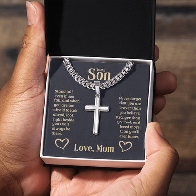 Load image into Gallery viewer, Personalized To My Son Cross Necklace from Mom, Stand Tall, If You Fall, I&amp;#39;ll Always be There
