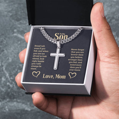 Load image into Gallery viewer, Personalized To My Son Cross Necklace from Mom, Stand Tall, If You Fall, I&amp;#39;ll Always be There
