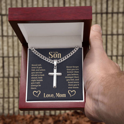 Load image into Gallery viewer, Personalized To My Son Cross Necklace from Mom, Stand Tall, If You Fall, I&amp;#39;ll Always be There
