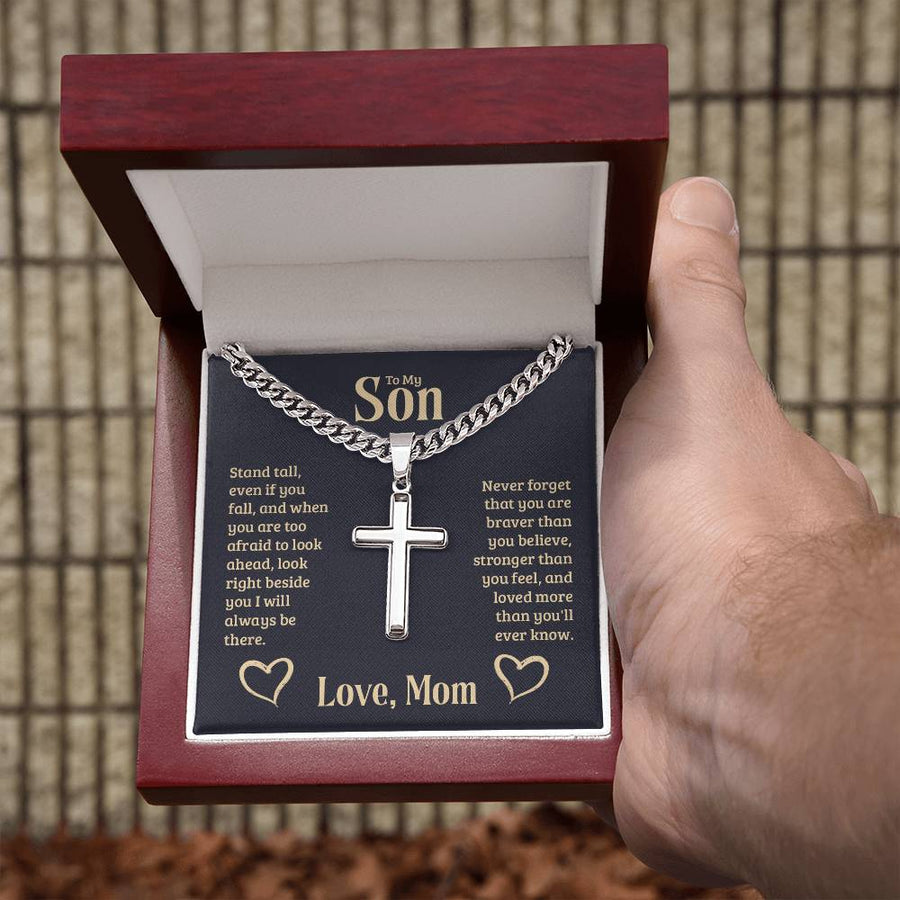 Personalized To My Son Cross Necklace from Mom, Stand Tall, If You Fall, I'll Always be There