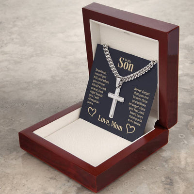 Load image into Gallery viewer, Personalized To My Son Cross Necklace from Mom, Stand Tall, If You Fall, I&amp;#39;ll Always be There
