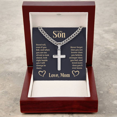 Load image into Gallery viewer, Personalized To My Son Cross Necklace from Mom, Stand Tall, If You Fall, I&amp;#39;ll Always be There
