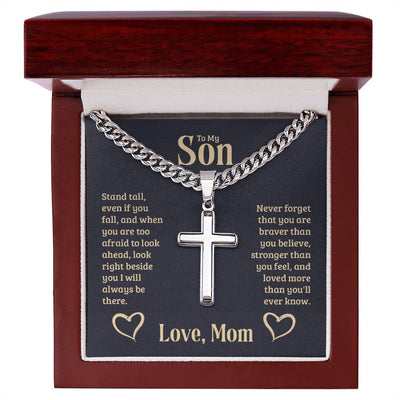 Load image into Gallery viewer, Personalized To My Son Cross Necklace from Mom, Stand Tall, If You Fall, I&amp;#39;ll Always be There
