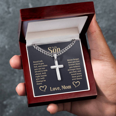 Load image into Gallery viewer, Personalized To My Son Cross Necklace from Mom, Stand Tall, If You Fall, I&amp;#39;ll Always be There
