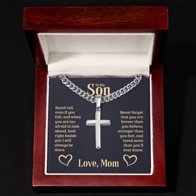 Load image into Gallery viewer, Personalized To My Son Cross Necklace from Mom, Stand Tall, If You Fall, I&amp;#39;ll Always be There
