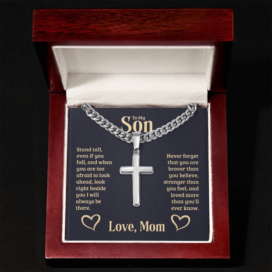 Personalized To My Son Cross Necklace from Mom, Stand Tall, If You Fall, I'll Always be There