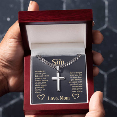 Load image into Gallery viewer, Personalized To My Son Cross Necklace from Mom, Stand Tall, If You Fall, I&amp;#39;ll Always be There
