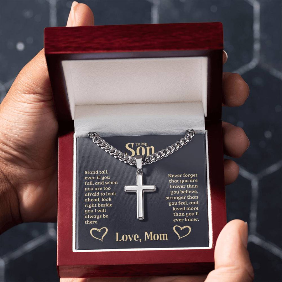 Personalized To My Son Cross Necklace from Mom, Stand Tall, If You Fall, I'll Always be There