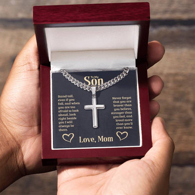 Load image into Gallery viewer, Personalized To My Son Cross Necklace from Mom, Stand Tall, If You Fall, I&amp;#39;ll Always be There

