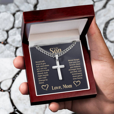 Load image into Gallery viewer, Personalized To My Son Cross Necklace from Mom, Stand Tall, If You Fall, I&amp;#39;ll Always be There
