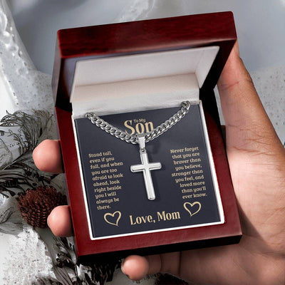 Load image into Gallery viewer, Personalized To My Son Cross Necklace from Mom, Stand Tall, If You Fall, I&amp;#39;ll Always be There
