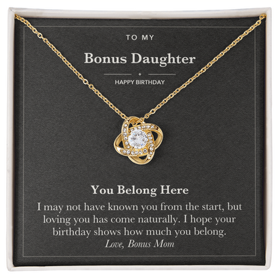 Load image into Gallery viewer, To My Bonus Daughter Birthday Love Knot Necklace – You Belong Here
