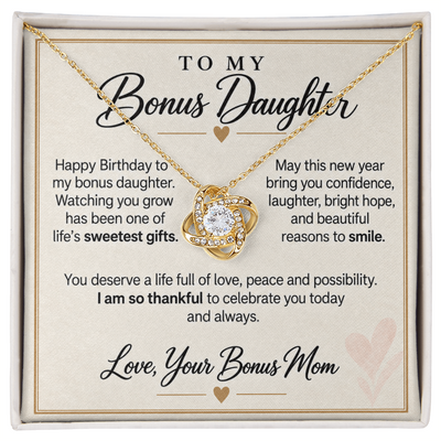 Load image into Gallery viewer, Bonus Daughter Birthday Love Knot Necklace from Bonus Mom - Life&amp;#39;s Sweetest Gift
