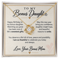Load image into Gallery viewer, Bonus Daughter Birthday Love Knot Necklace from Bonus Mom - Life's Sweetest Gift
