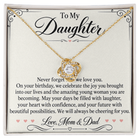 Load image into Gallery viewer, Daughter Birthday Love Knot Necklace from Mom &amp; Dad - Always Cheering for You
