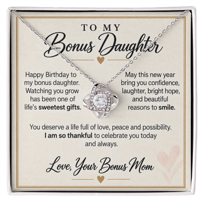 Load image into Gallery viewer, Bonus Daughter Birthday Love Knot Necklace from Bonus Mom - Life&amp;#39;s Sweetest Gift
