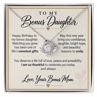 Load image into Gallery viewer, Bonus Daughter Birthday Love Knot Necklace from Bonus Mom - Life's Sweetest Gift
