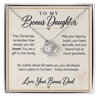 Load image into Gallery viewer, Bonus Daughter Christmas Love Knot Necklace from Bonus Dad - Deeply Loved

