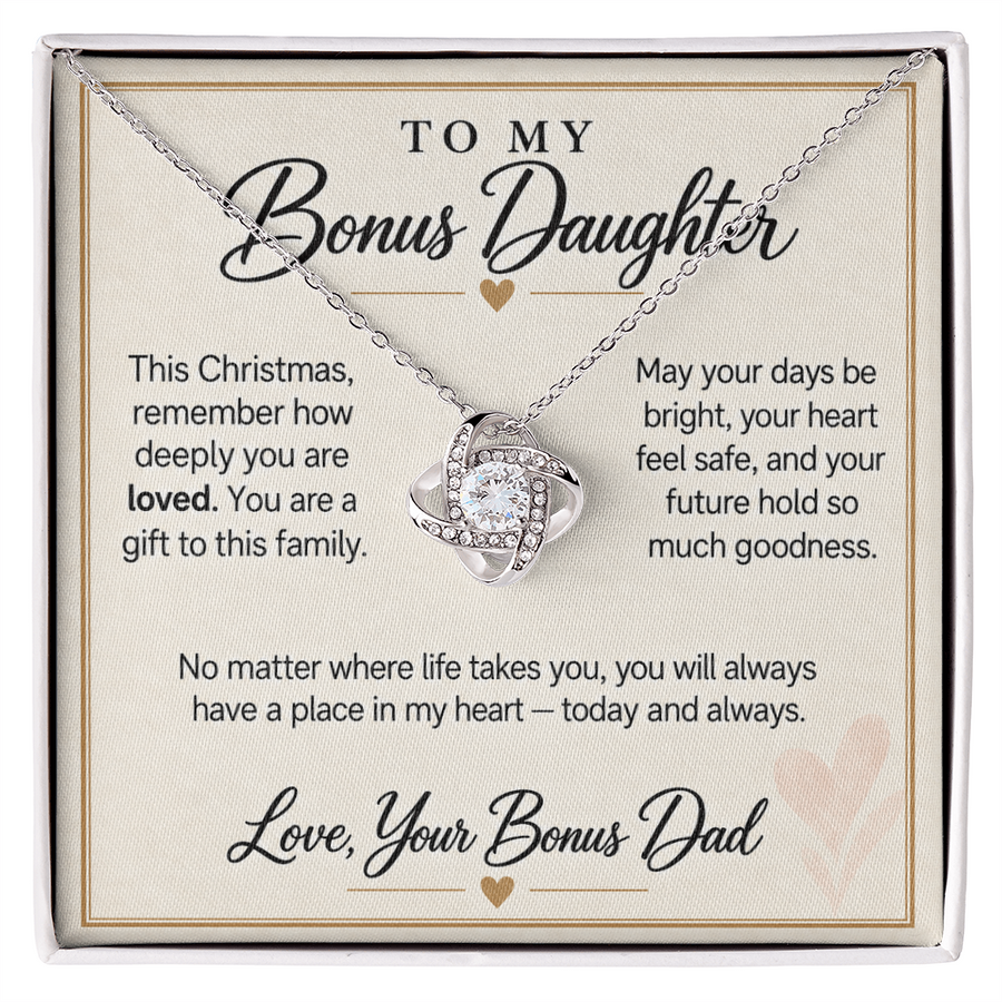 Bonus Daughter Christmas Love Knot Necklace from Bonus Dad - Deeply Loved