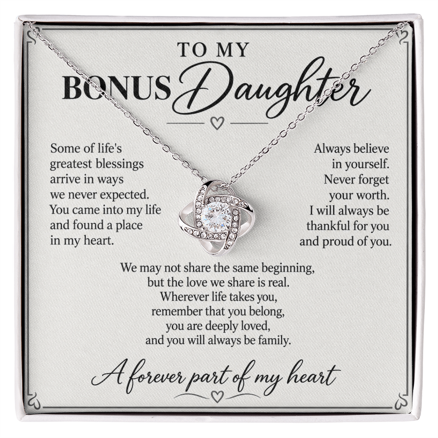 To My Bonus Daughter Forever in My Heart Love Knot Necklace Gift