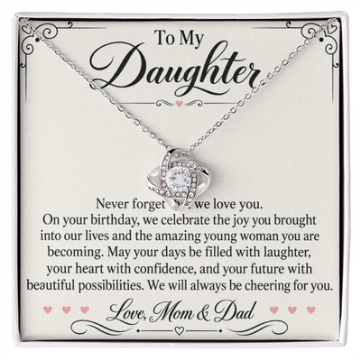Load image into Gallery viewer, Daughter Birthday Love Knot Necklace from Mom &amp;amp; Dad - Always Cheering for You

