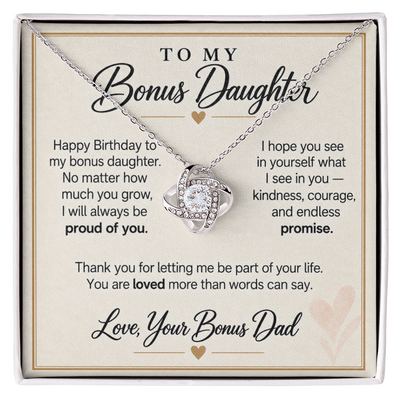 Load image into Gallery viewer, Bonus Daughter Birthday Love Knot Necklace from Bonus Dad - Always Proud of You
