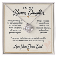 Load image into Gallery viewer, Bonus Daughter Birthday Love Knot Necklace from Bonus Dad - Always Proud of You
