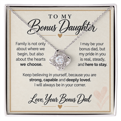 Load image into Gallery viewer, Bonus Daughter Love Knot Necklace from Bonus Dad - Family by Choice and Love
