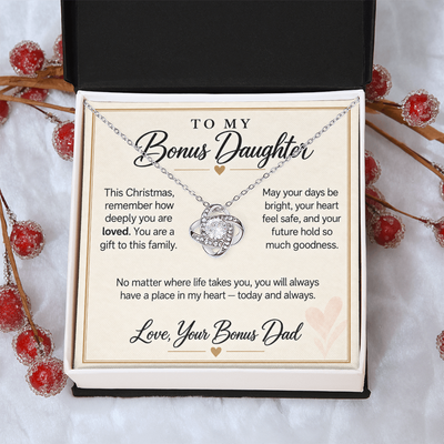 Load image into Gallery viewer, Bonus Daughter Christmas Love Knot Necklace from Bonus Dad - Deeply Loved
