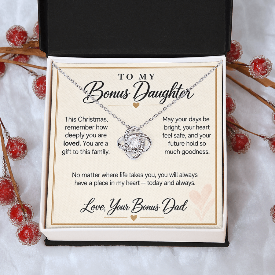 Bonus Daughter Christmas Love Knot Necklace from Bonus Dad - Deeply Loved