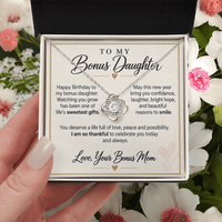 Load image into Gallery viewer, Bonus Daughter Birthday Love Knot Necklace from Bonus Mom - Life's Sweetest Gift
