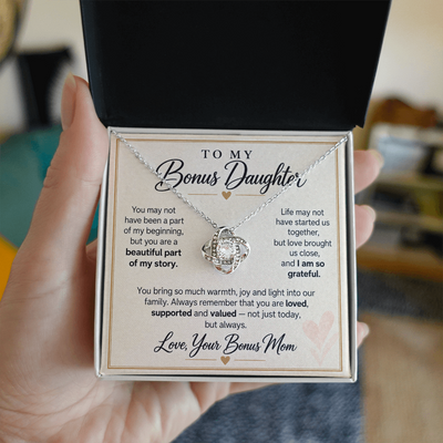 Load image into Gallery viewer, To My Bonus Daughter Love Knot Necklace from Bonus Mom - Beautiful Part of My Story
