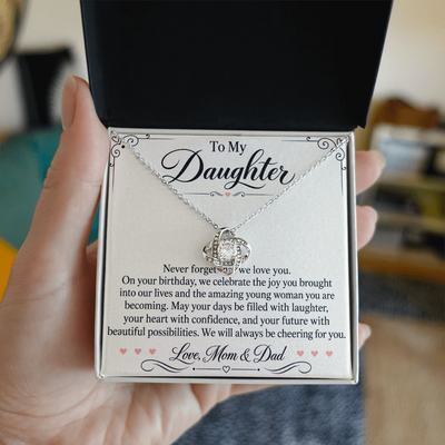 Load image into Gallery viewer, Daughter Birthday Love Knot Necklace from Mom &amp;amp; Dad - Always Cheering for You
