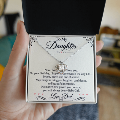 Load image into Gallery viewer, Daughter Birthday Love Knot Necklace from Dad - Bright, Brave &amp;amp; One of a Kind
