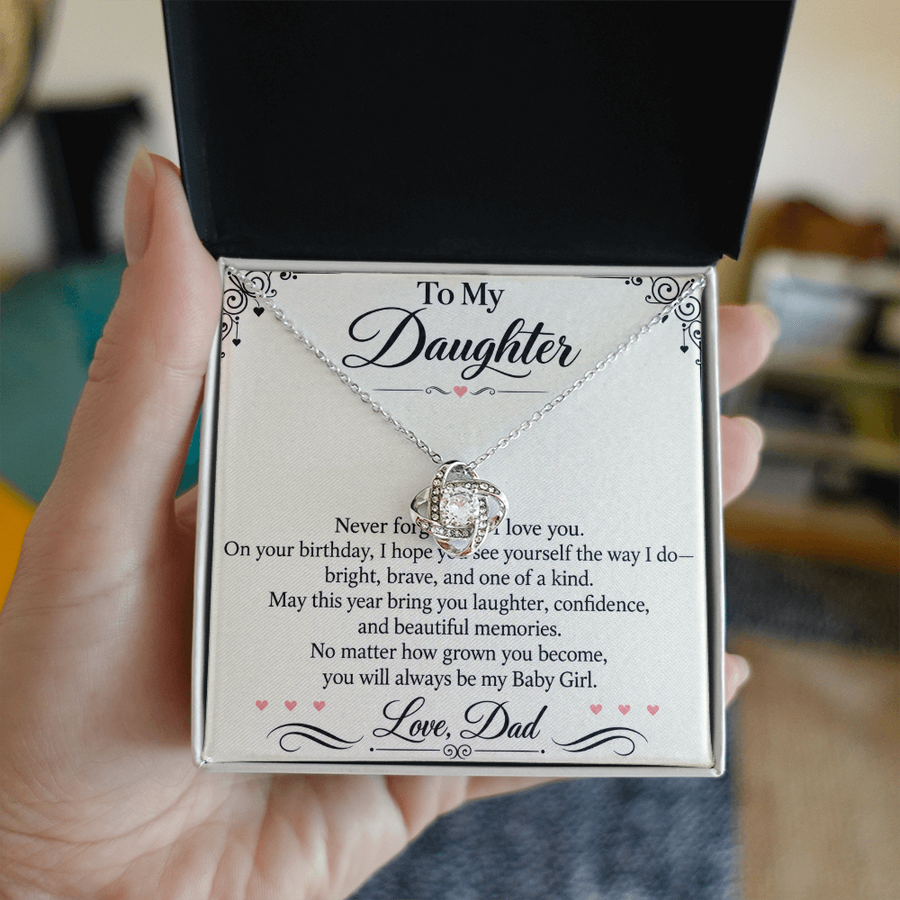 Daughter Birthday Love Knot Necklace from Dad - Bright, Brave & One of a Kind