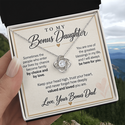 Load image into Gallery viewer, Bonus Daughter Love Knot Necklace from Bonus Dad - Deeply Valued and Loved
