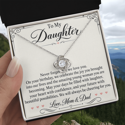 Load image into Gallery viewer, Daughter Birthday Love Knot Necklace from Mom &amp;amp; Dad - Always Cheering for You
