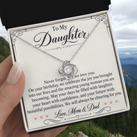 Load image into Gallery viewer, Daughter Birthday Love Knot Necklace from Mom &amp; Dad - Always Cheering for You
