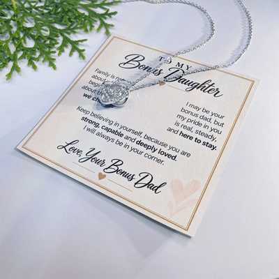 Load image into Gallery viewer, Bonus Daughter Love Knot Necklace from Bonus Dad - Family by Choice and Love
