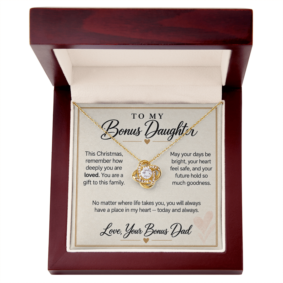 Bonus Daughter Christmas Love Knot Necklace from Bonus Dad - Deeply Loved