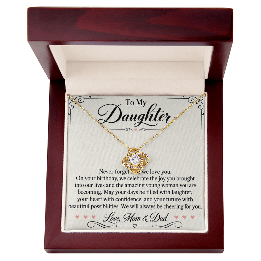 Daughter Birthday Love Knot Necklace from Mom & Dad - Always Cheering for You