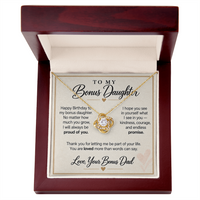 Load image into Gallery viewer, Bonus Daughter Birthday Love Knot Necklace from Bonus Dad - Always Proud of You
