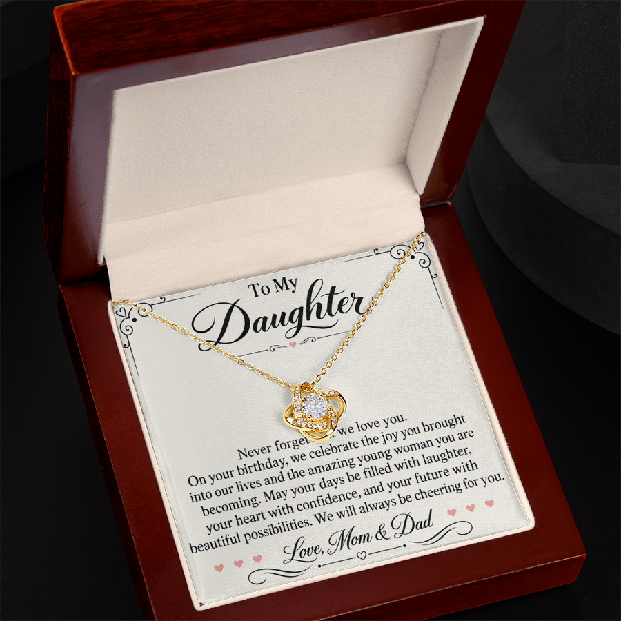 Daughter Birthday Love Knot Necklace from Mom & Dad - Always Cheering for You