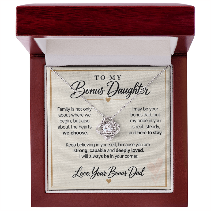 Bonus Daughter Love Knot Necklace from Bonus Dad - Family by Choice and Love